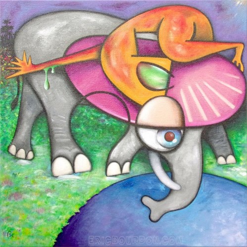 Ovni écrasé sur le dos d'un éléphant au bord de l'eau peinture eric bourdon